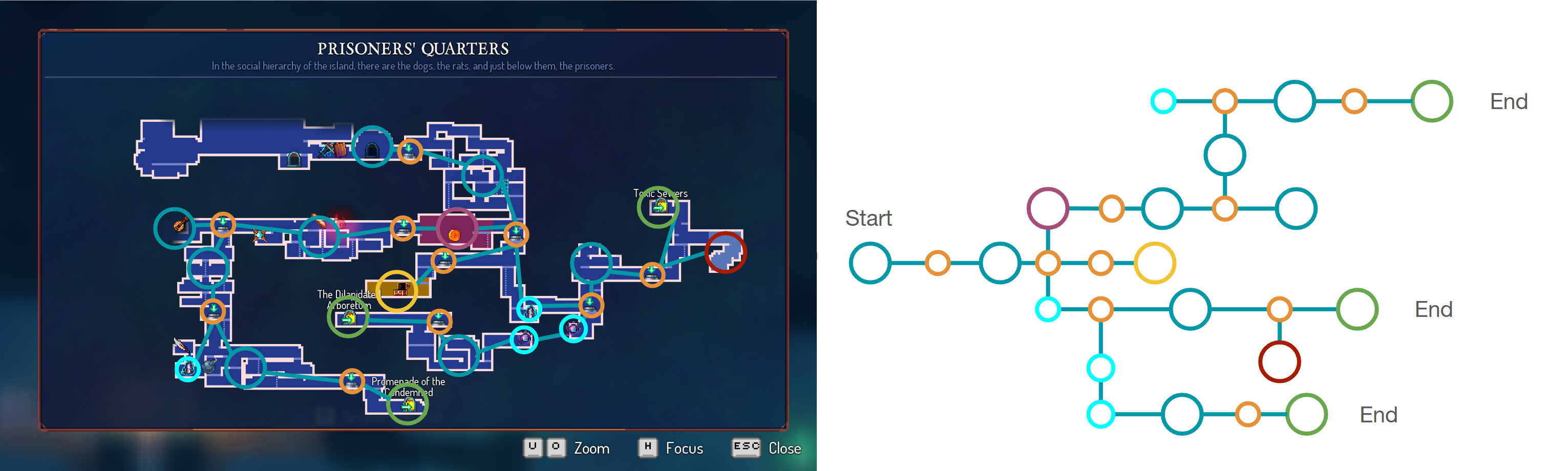Screenshot of Dead Cells showing a procedurally generated map.